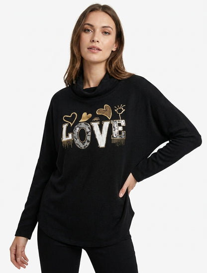Pull fin à inscription LOVE irisée - Noir
