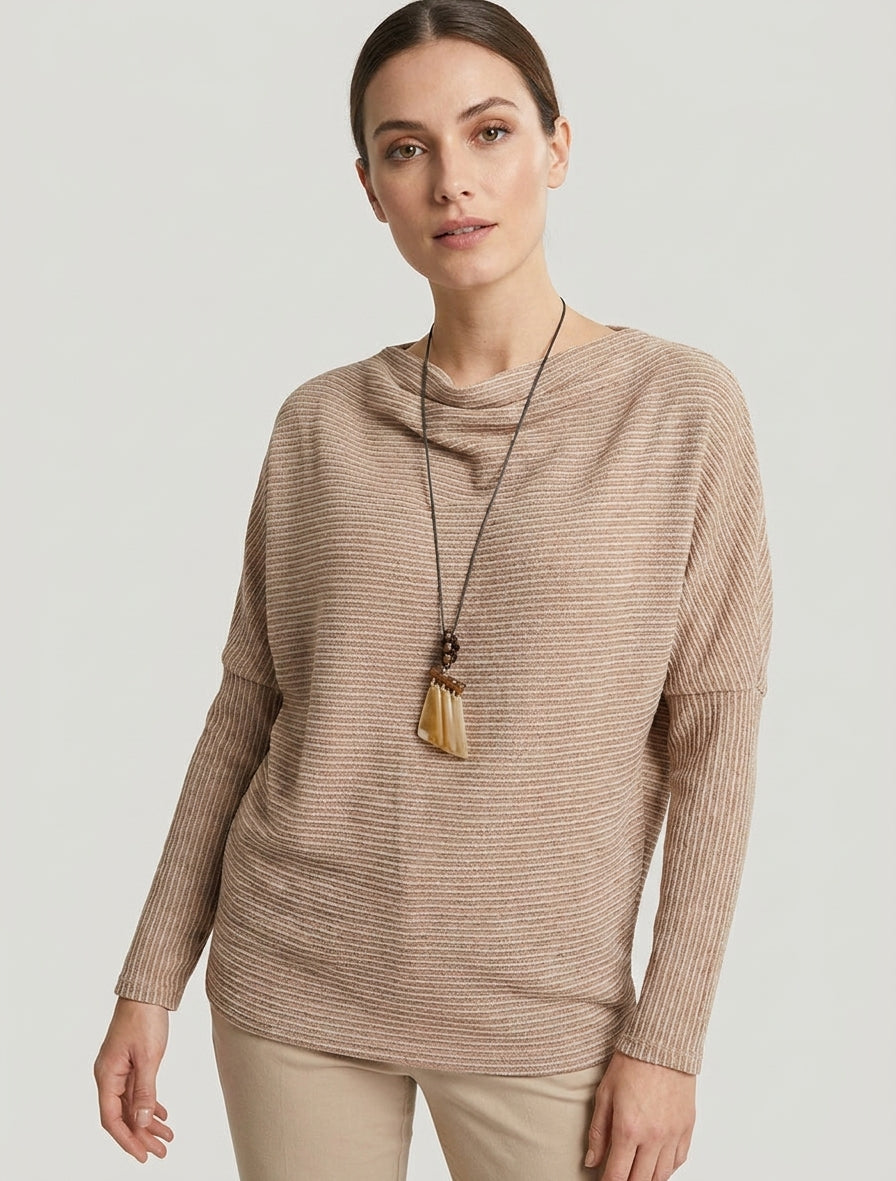Pull rayé manches chauve-souris - Camel