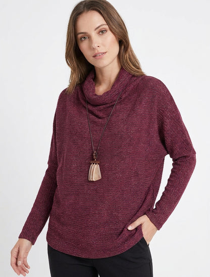 Pull col bénitier manches chauve-souris - Lie de vin