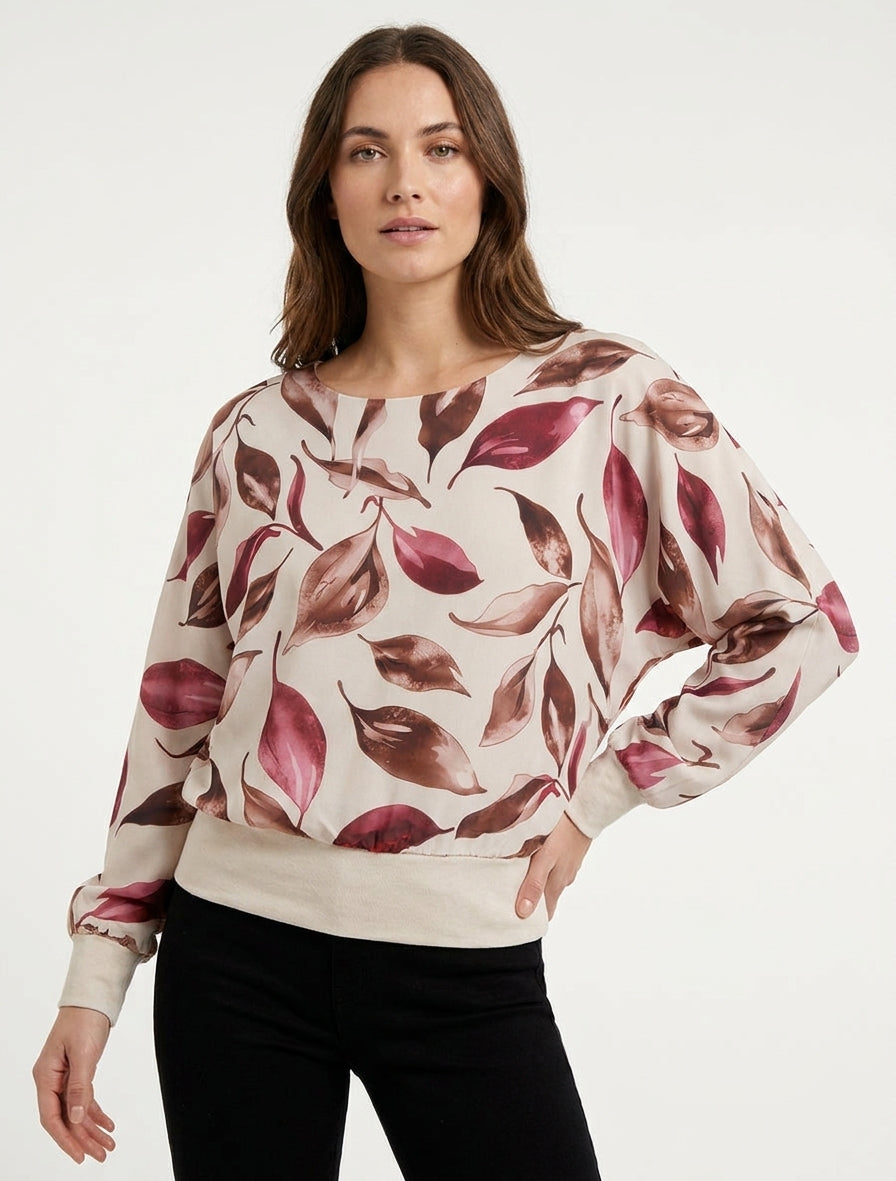 Top boule voile imprimé à col rond - Beige