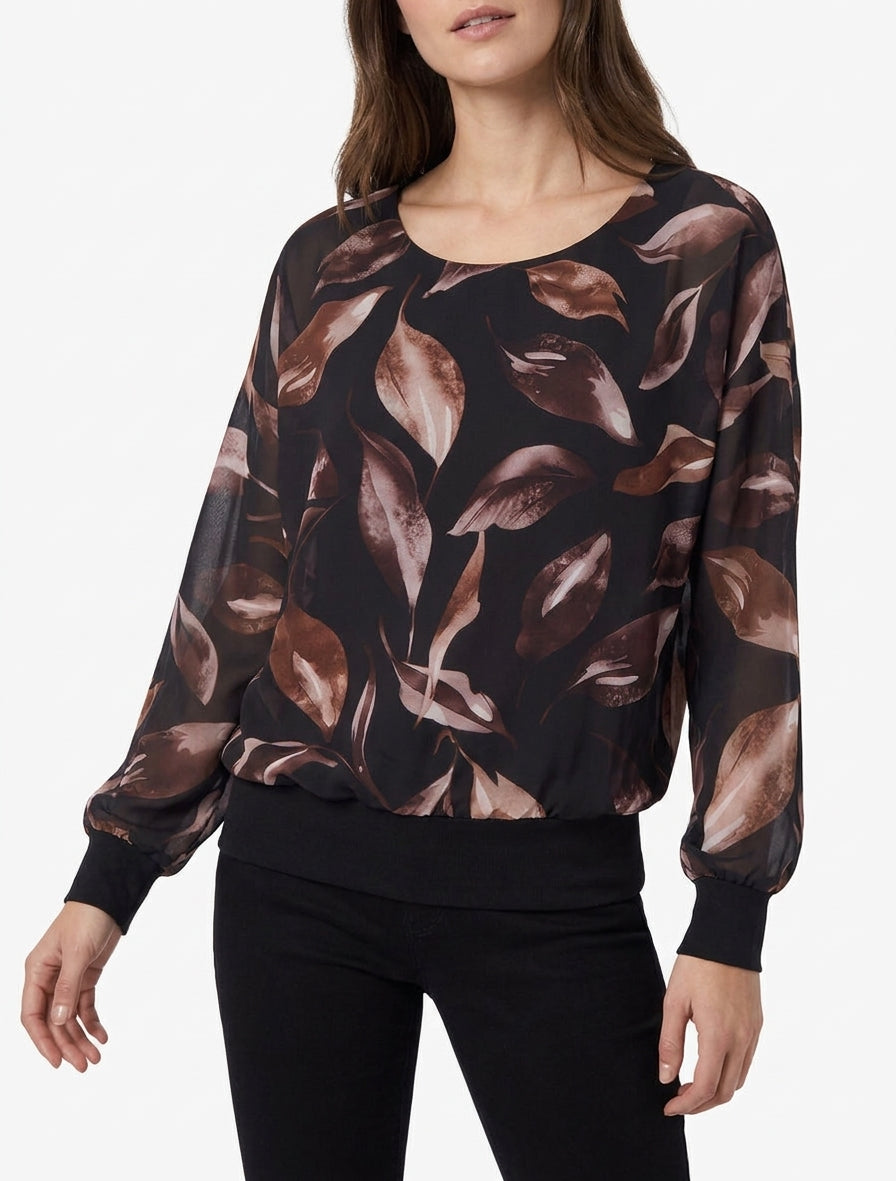 Top boule voile imprimé col rond - Noir