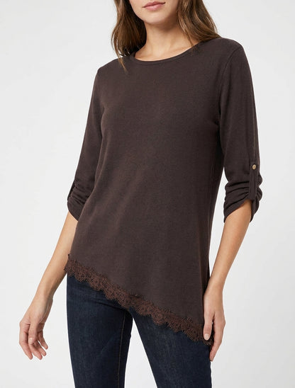 Pull fin à dentelle asymétrique - Marron