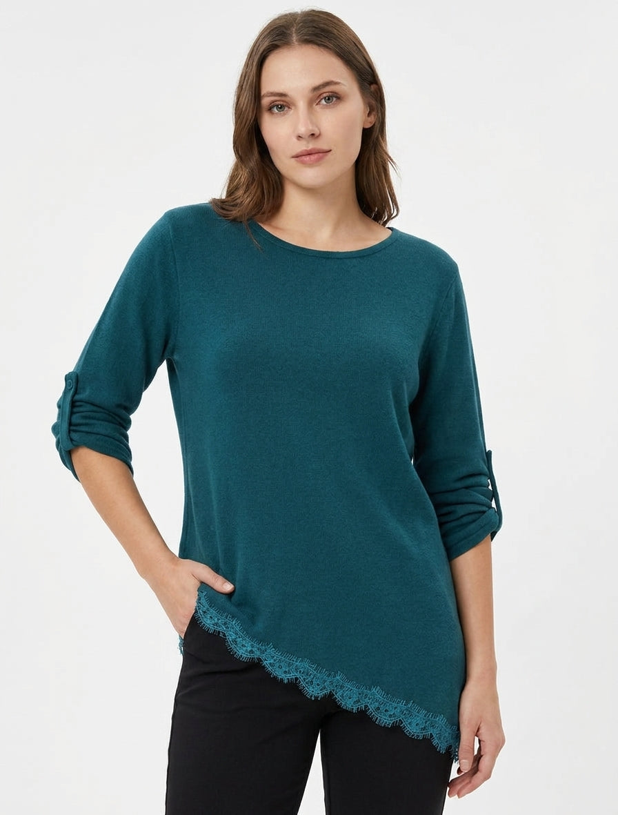 Pull fin à dentelle asymétrique - Bleu canard