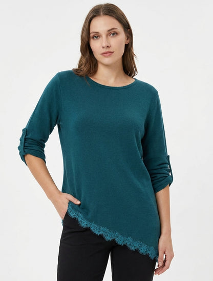 Pull fin à dentelle asymétrique - Bleu canard