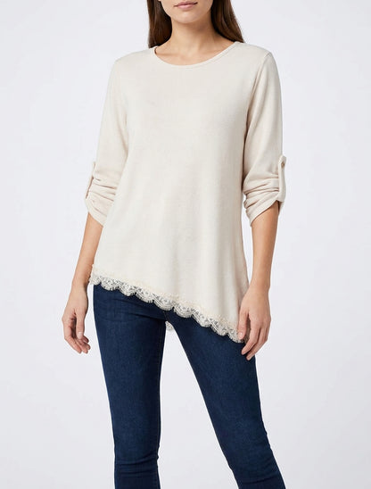 Pull fin manches retroussables - Crème
