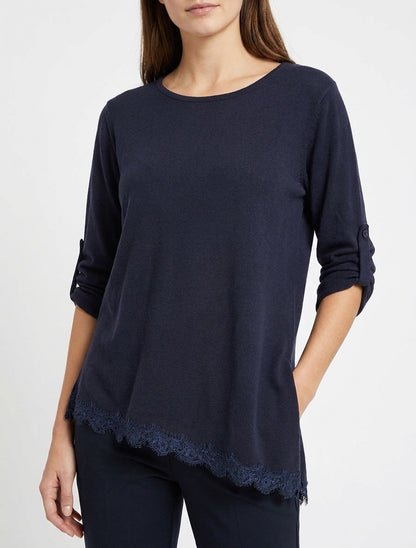 Pull fin à dentelle et manches longues - Marine