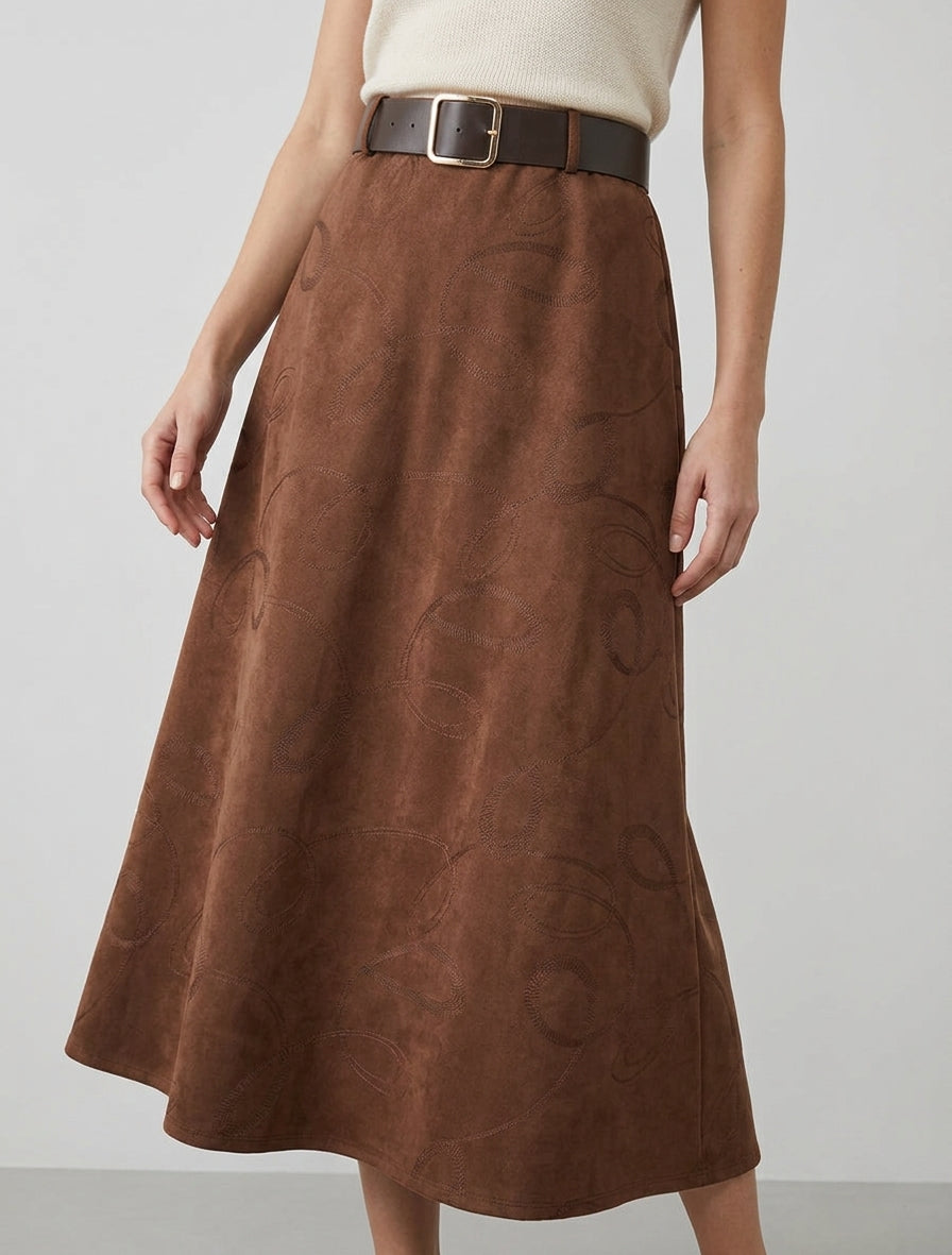 Jupe longue taille haute à ceinture - Marron