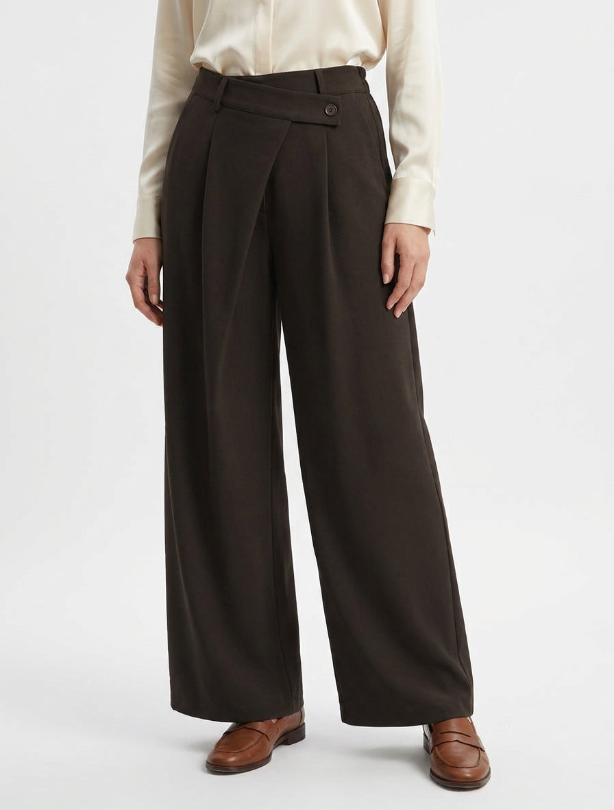 Pantalon droit taille haute à pan latéral - Marron