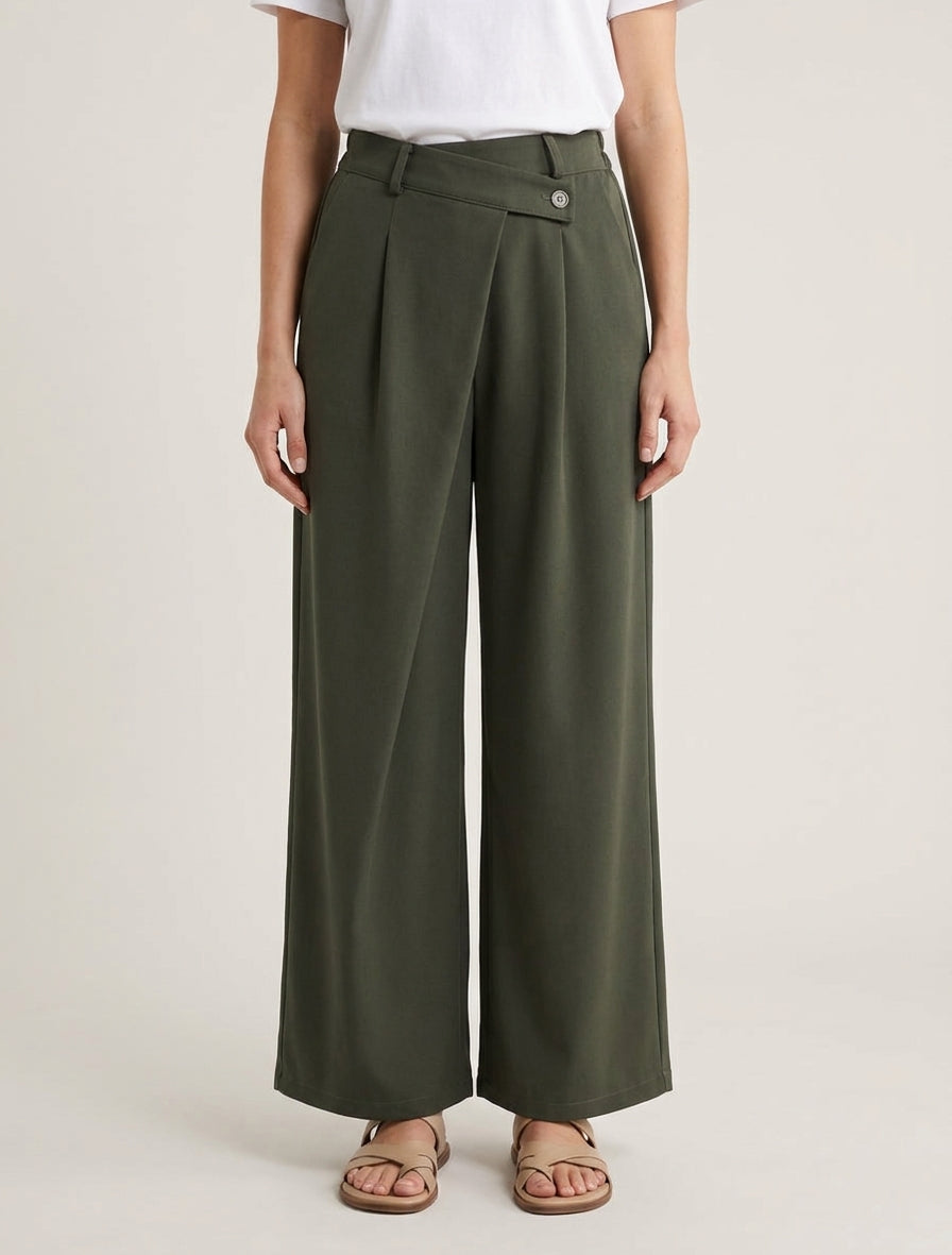 Pantalon droit taille haute à pan latéral - Kaki