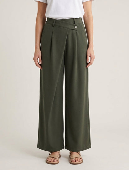 Pantalon droit taille haute à pan latéral - Kaki
