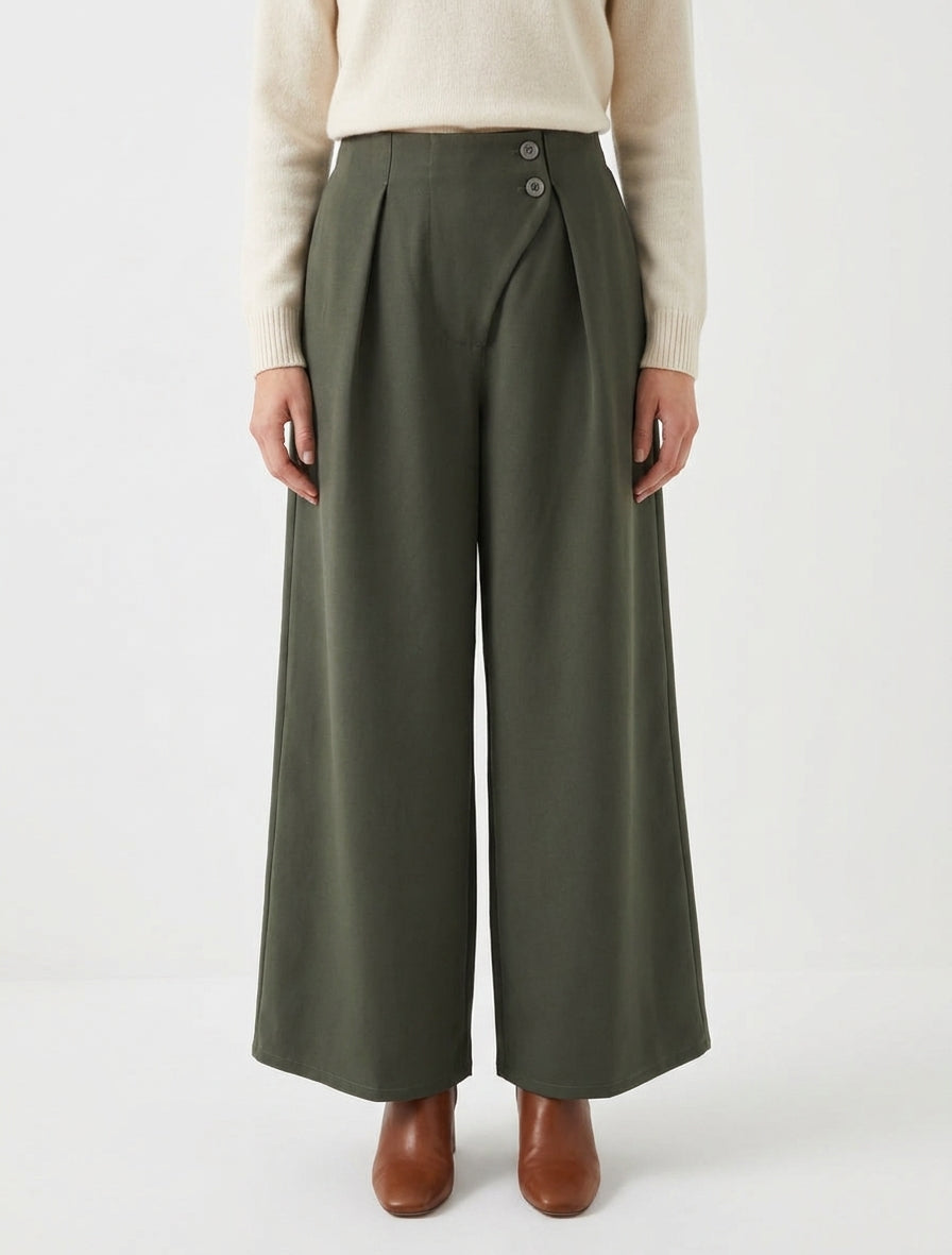 Pantalon coupe ample à taille haute - Kaki