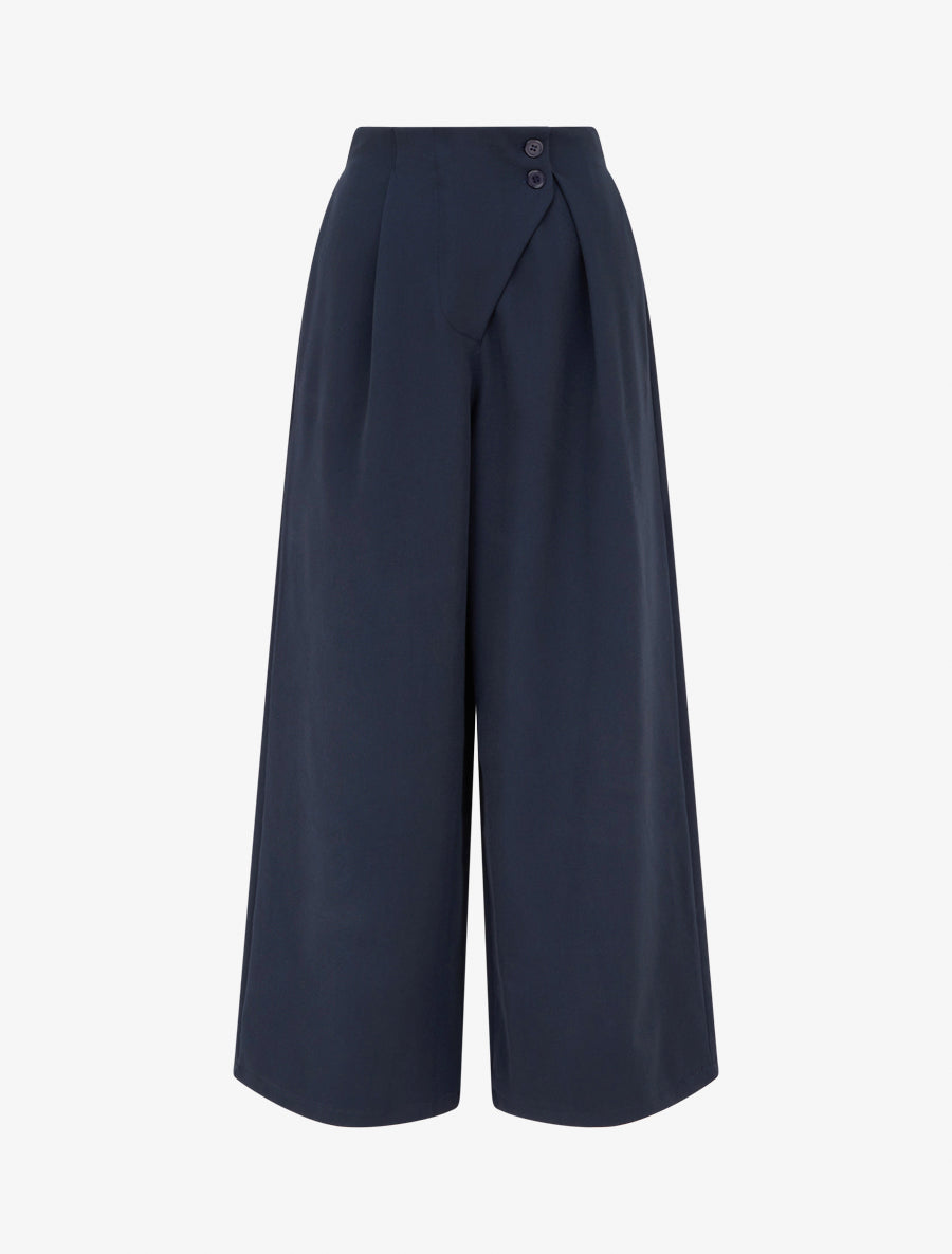 Pantalon uni à taille élastiquée - Marine - 1