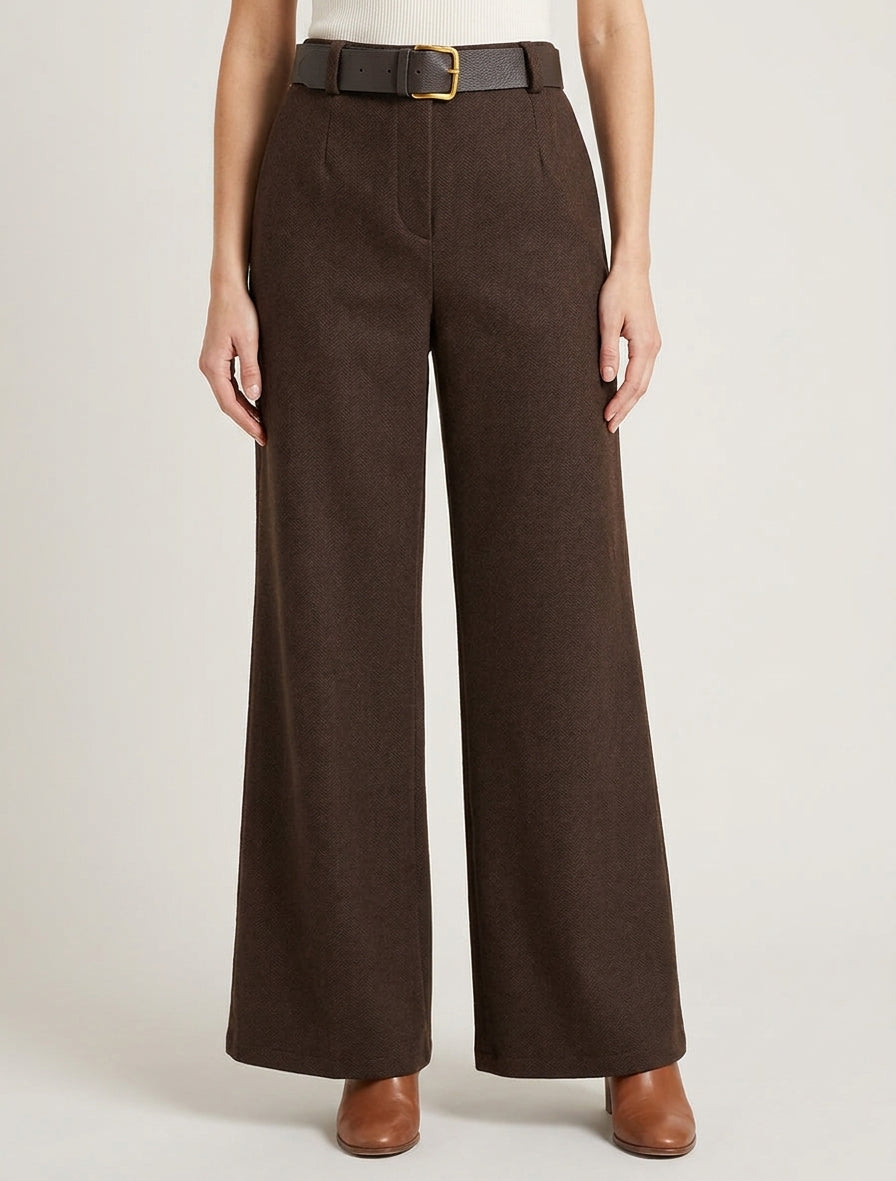 Pantalon ample à taille haute avec ceinture - Marron