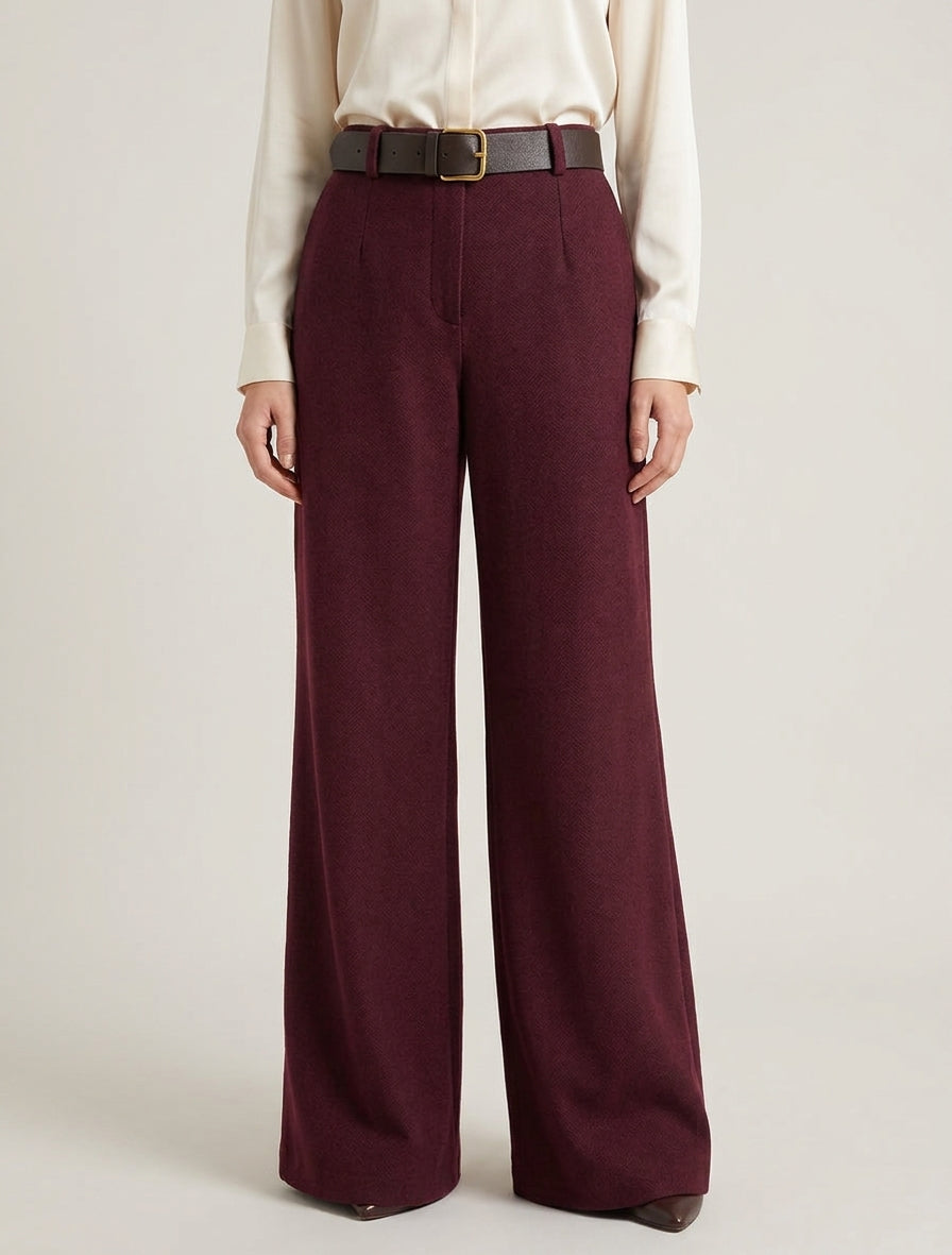 Pantalon ample ceinturé à taille haute - Lie de vin