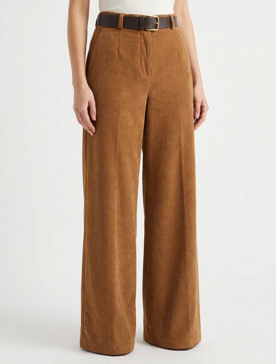Pantalon côtelé wide leg ceinturé - Camel