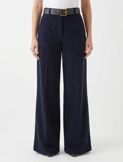 Pantalon côtelé wide leg ceinturé - Marine