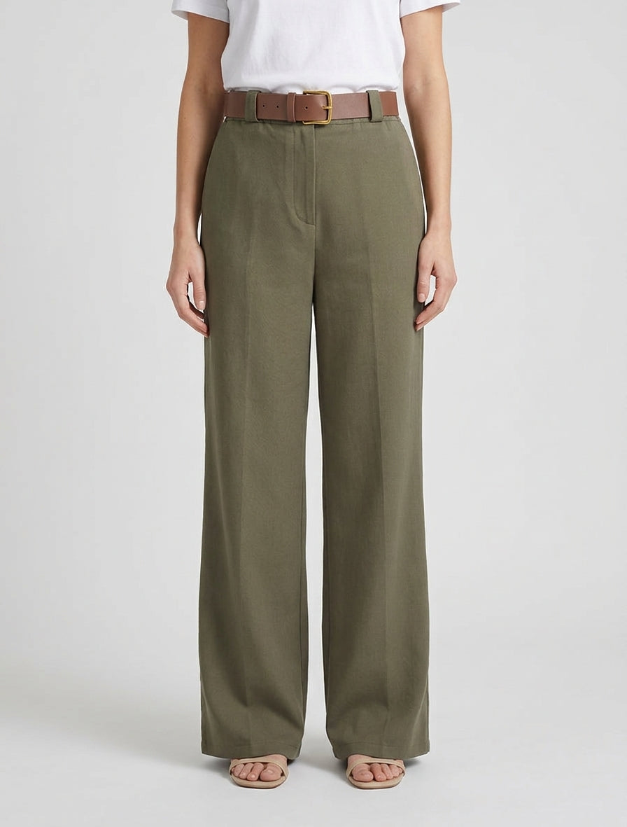 Pantalon ample taille haute ceinture - Kaki