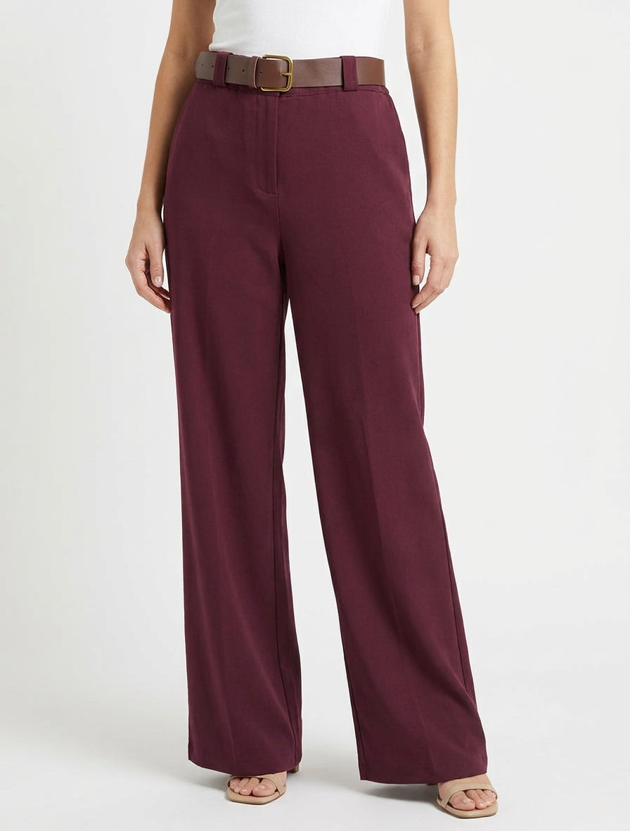 Pantalon taille haute avec ceinture - Lie de vin