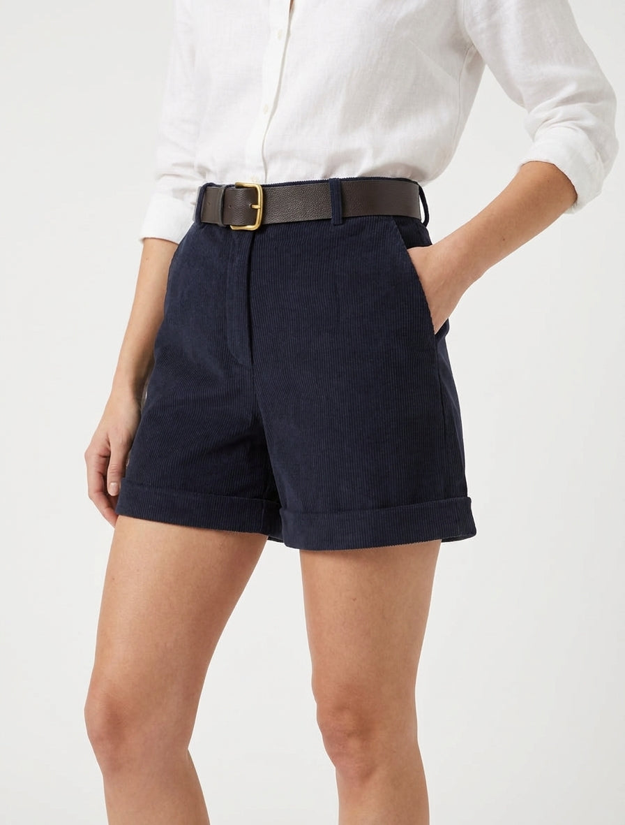 Short droit en velours côtelé avec ceinture - Marine