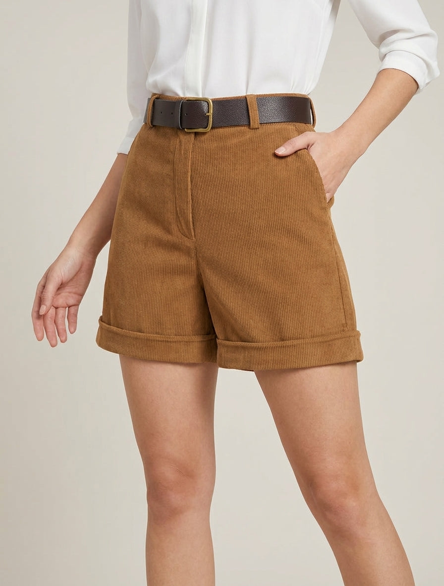 Short droit en velours côtelé avec ceinture - Camel