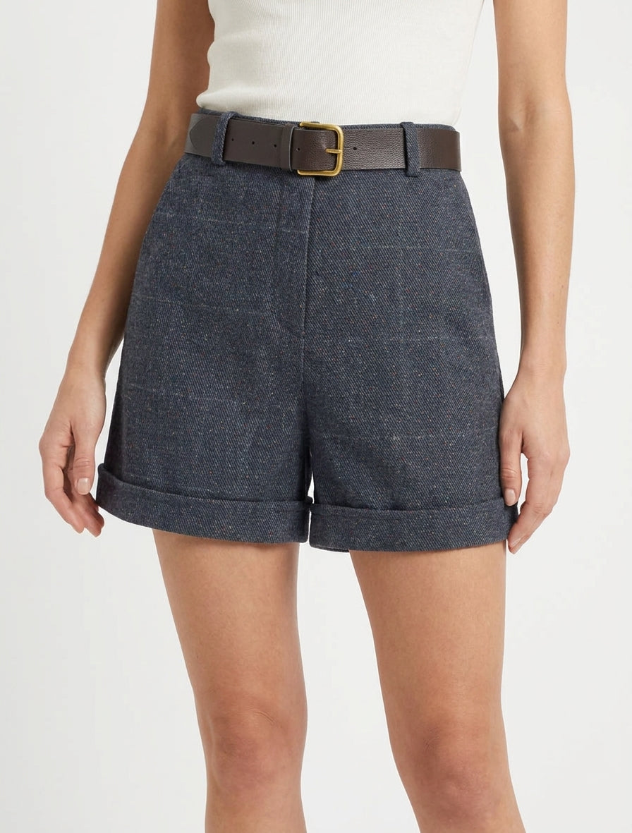 Short droit à carreaux ceinture incluse - Bleu gris