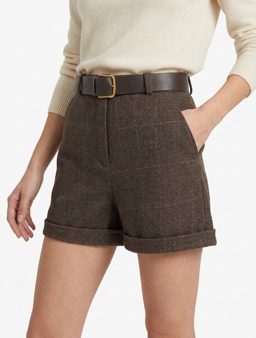 Short droit feutrine à carreaux - Marron