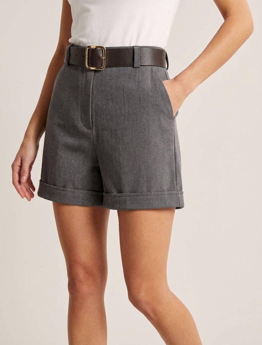 Short à revers taille haute - Gris