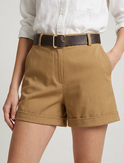 Short à revers taille haute - Camel