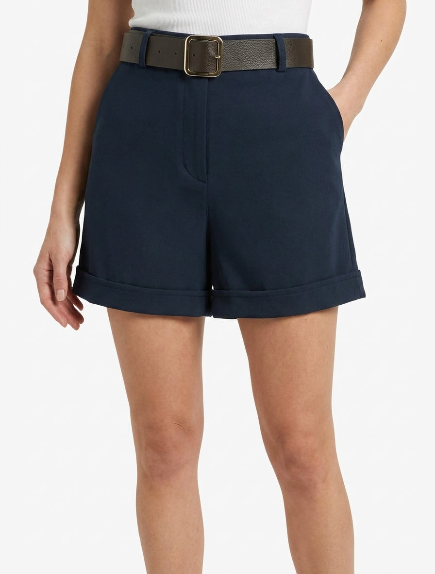 Short à revers taille haute - Marine