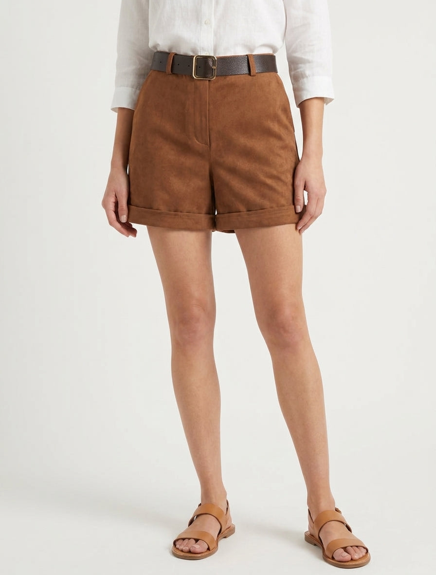 Short taille haute à revers - Camel