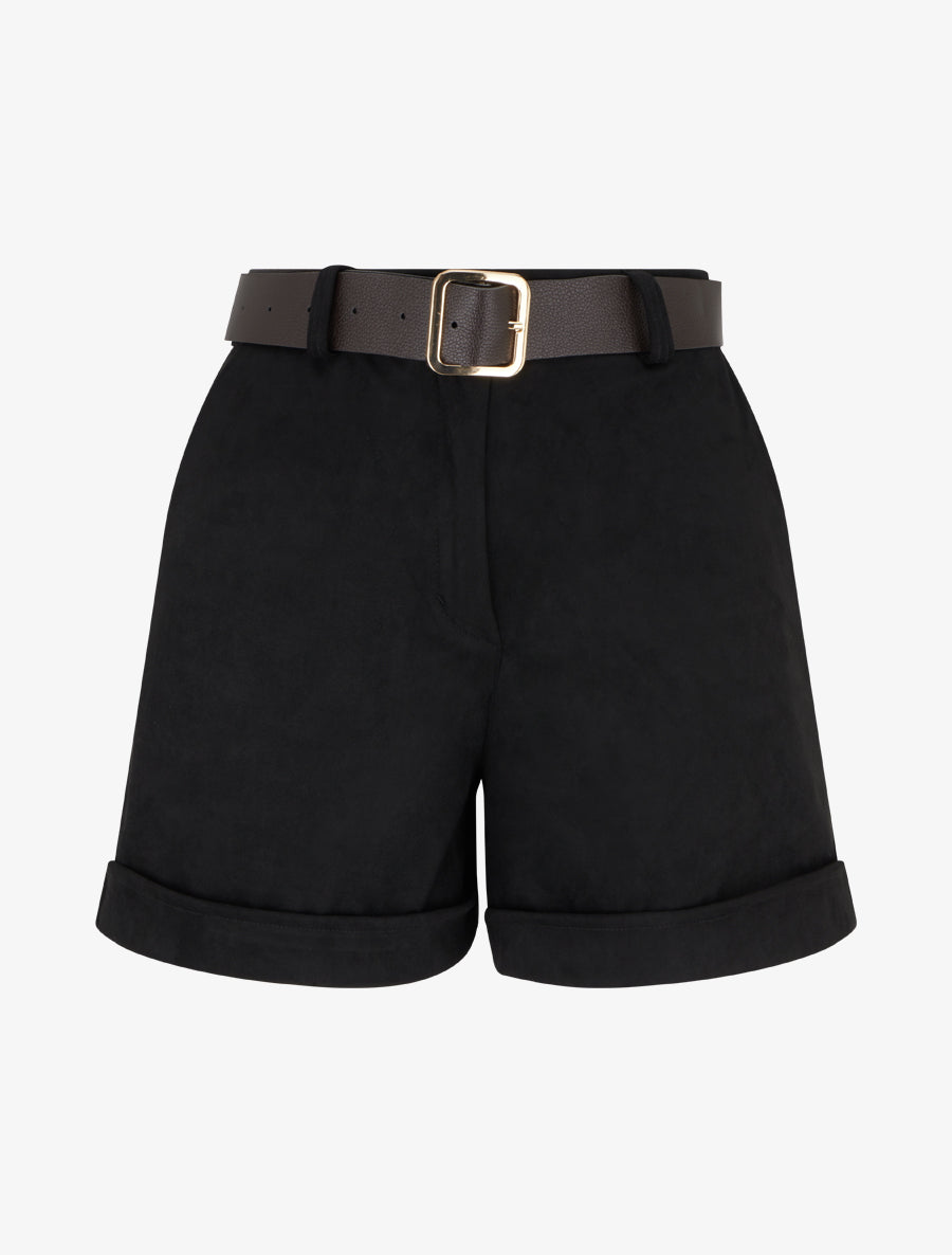 Short à revers en suédine - Noir - 1