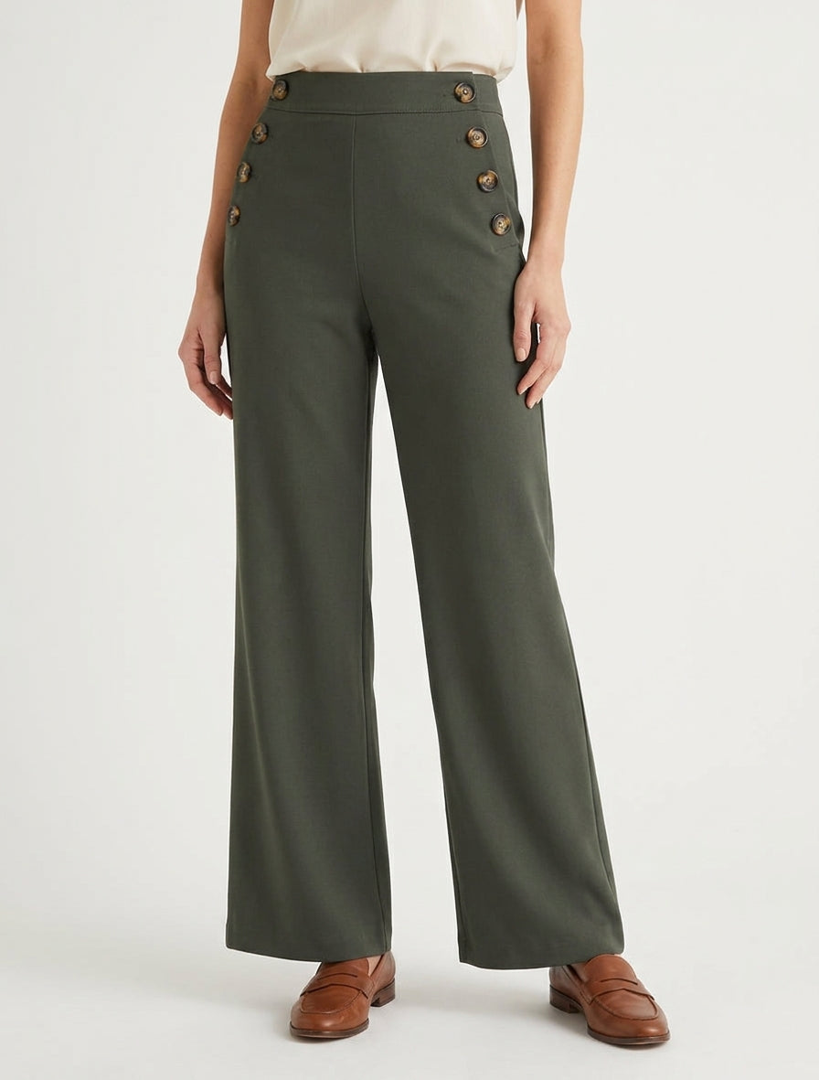 Pantalon taille haute à boutons - Kaki
