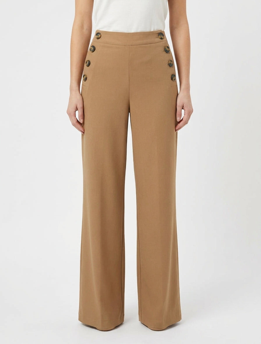 Pantalon taille haute à boutonnage latéral - Camel