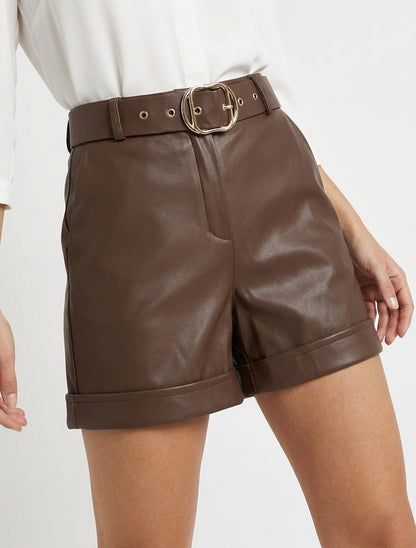 Short en simili taille haute - Marron