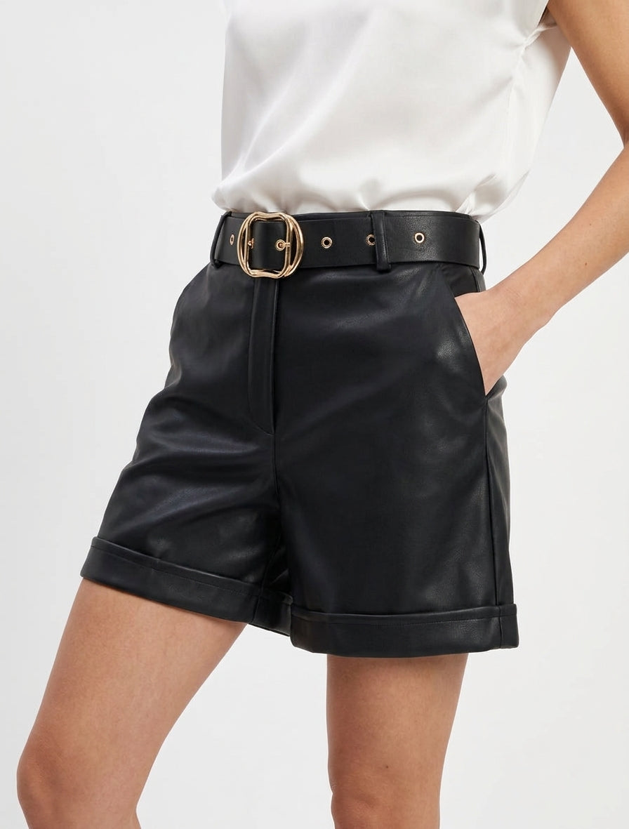 Short en simili taille haute - Noir