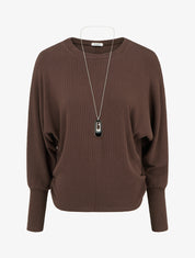 Pull côtelé à manches longues style chuave-souris - Marron - 1