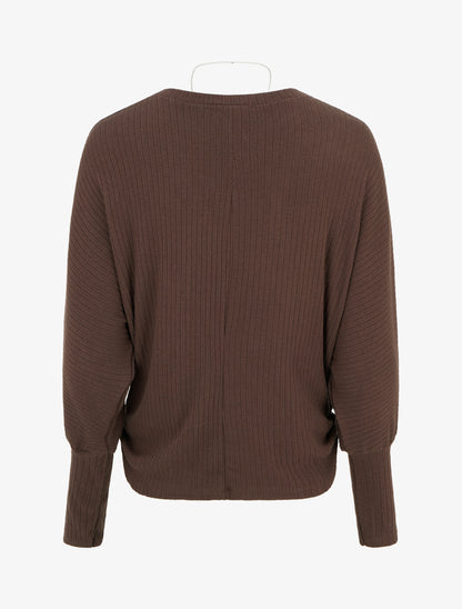 Pull côtelé à manches longues style chuave-souris - Marron - 2