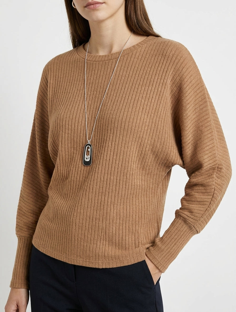 Pull côtelé col rond chauve-souris - Camel