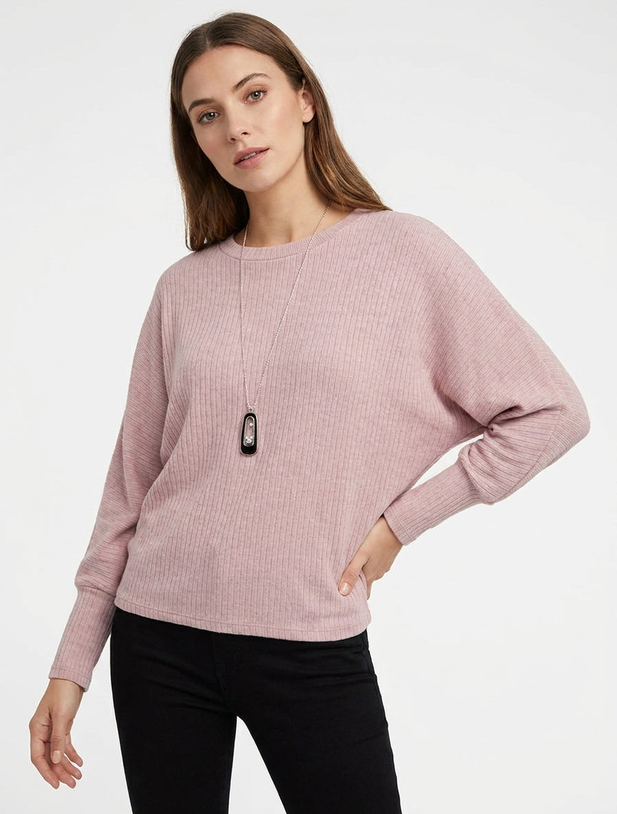 Pull côtelé col rond chauve-souris - Rose