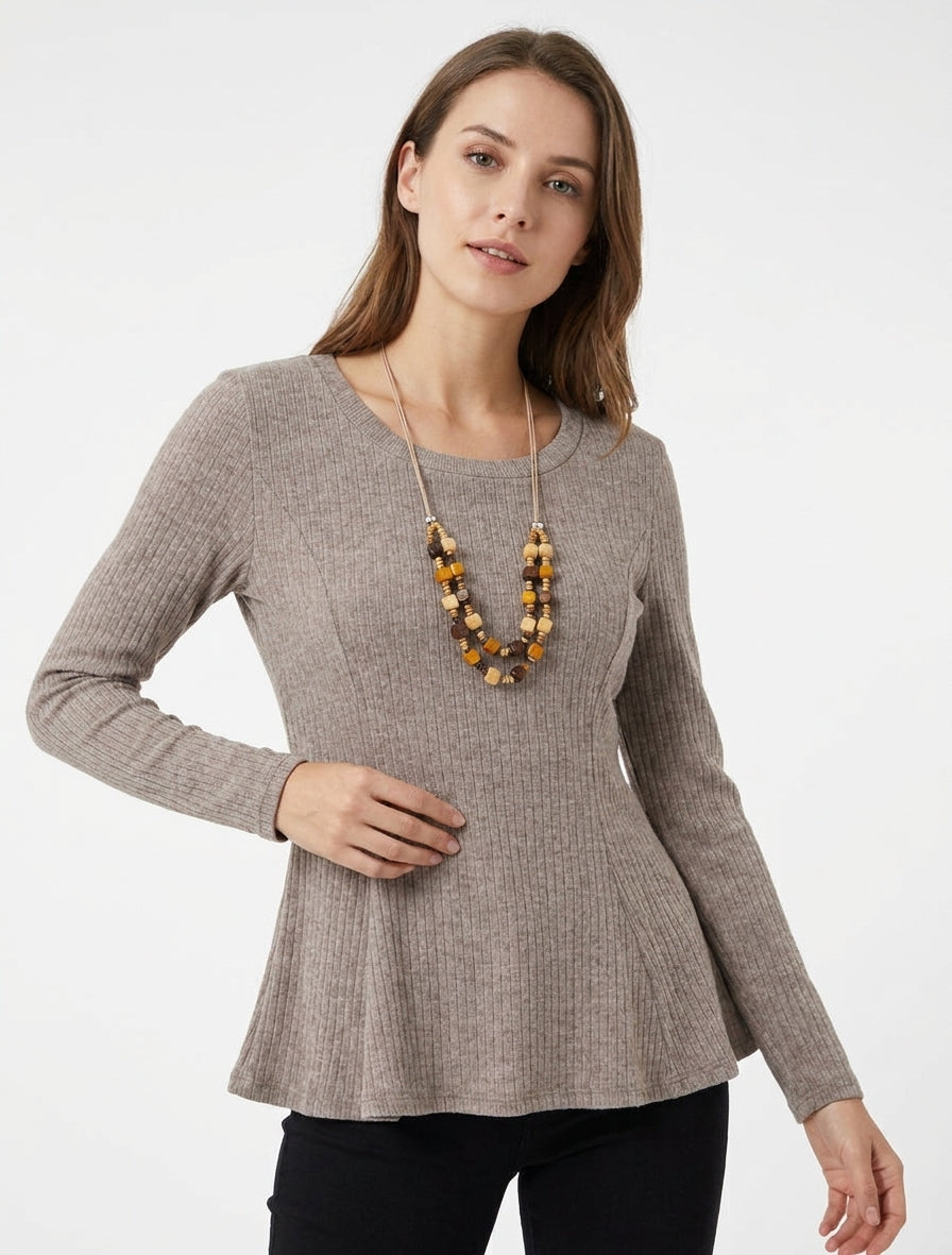 Pull côtelé manches longues évasé - Taupe