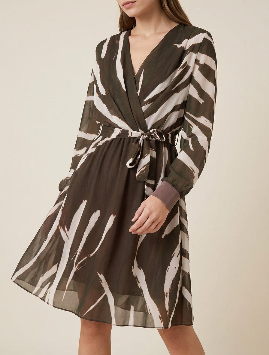 Robe évasée cache-cœur à ceinture - Marron