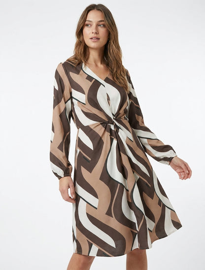Robe fluide col V à noeud - Marron