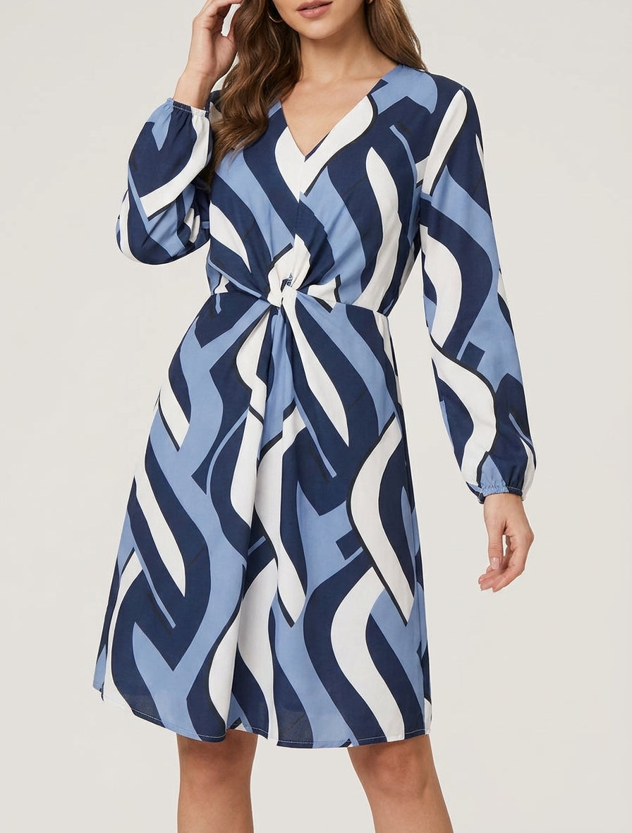 Robe fluide col V taille nouée - Marine