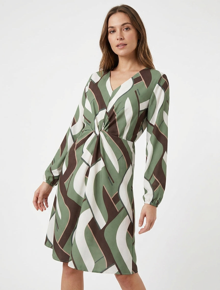 Robe fluide col V taille à nœud - Kaki