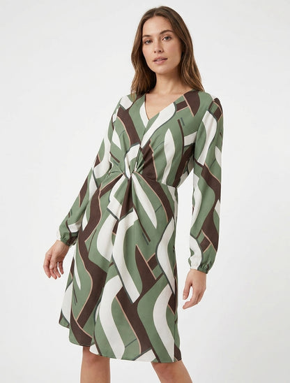 Robe fluide col V taille à nœud - Kaki