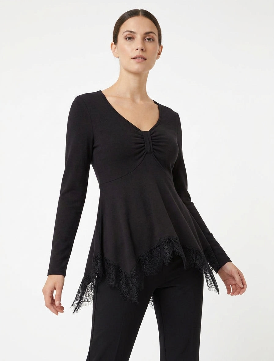 Pull fin col V effet froncé - Noir