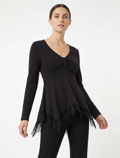 Pull fin col V effet froncé - Noir