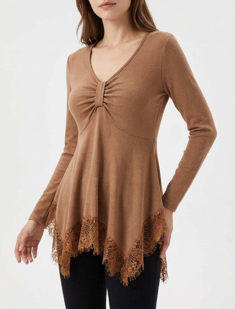 Pull fin col V froncé dentelle - Camel