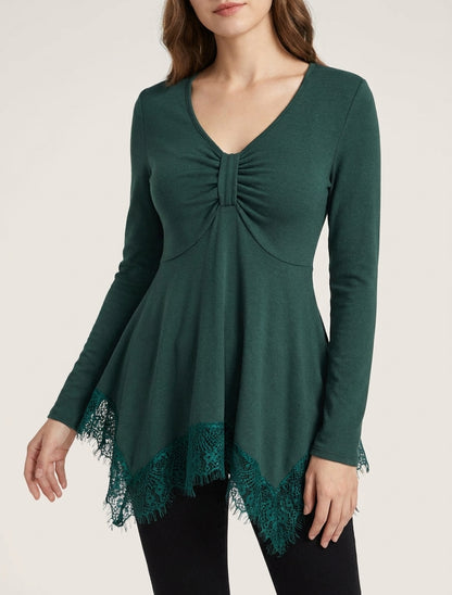 Pull fin col V effet froncé - Vert foncé