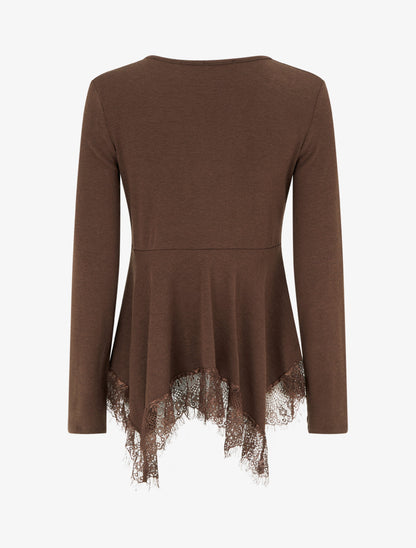 Pull fin bords asymétriques en dentelle - Marron - 2